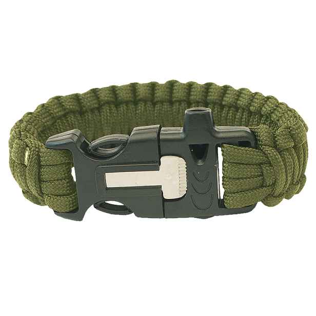 Náramek Highlander Paracord - trojzubec, píšťalka, křesadlo olivově