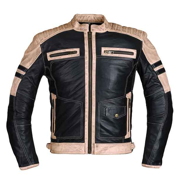 Pánská kožená bunda W-TEC Esbiker s béžovými pruhy