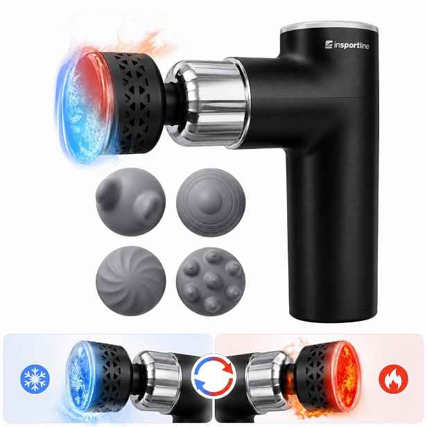 Masážní pistole s hřejivým/chladivým nástavcem inSPORTline ChillFrost • 1800 mAh • 1600-2800 rpm • až 6 mm