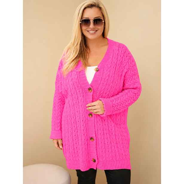 Plus size dámský cardigan s knoflíčky, kabelový vzor, ​​neon