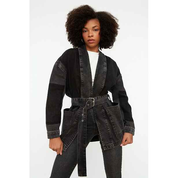 Trendyol Anthracite Color Block Oversize džínová bunda s opaskem