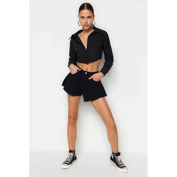 Trendyol Pleated High Waist Mini Denim Shorts