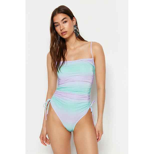 Trendyol Gradient Patterned Strapless Draped Glitter High Leg Regular Swimsuit