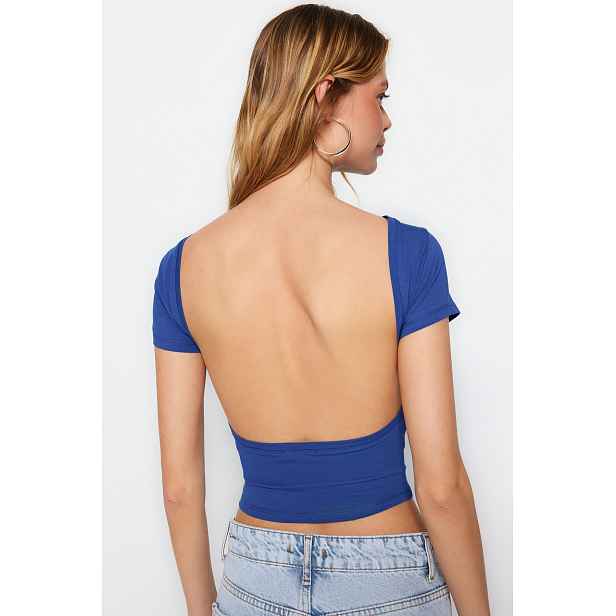 Trendyol Sax Backless Crop Cotton Stretchy Knitted Blouse