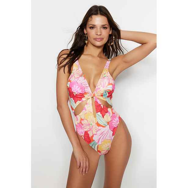 Trendyol Květinový Tisk V-Neck Cut Out / Windowed High Leg Plavky