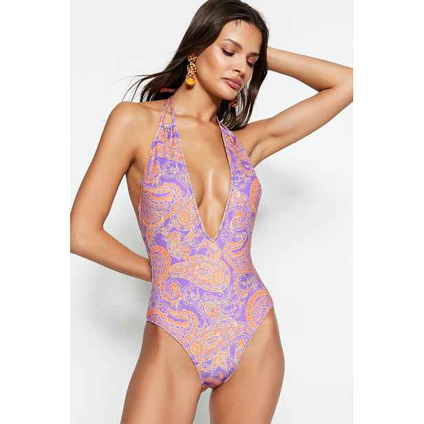 Trendyol Paisley Patterned Swimwear with a deep neckline and low-cut back, normal legs