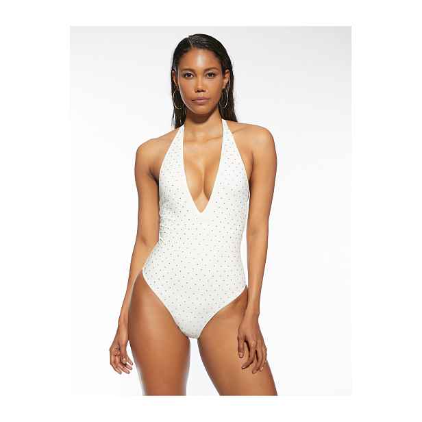 Koton Barbell Neck Swimsuit V-Neck Shiny Stone Embroidered