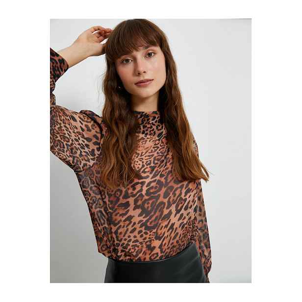 Koton Chiffon Blouse Leopard Patterned Draped Collar Balloon Sleeve