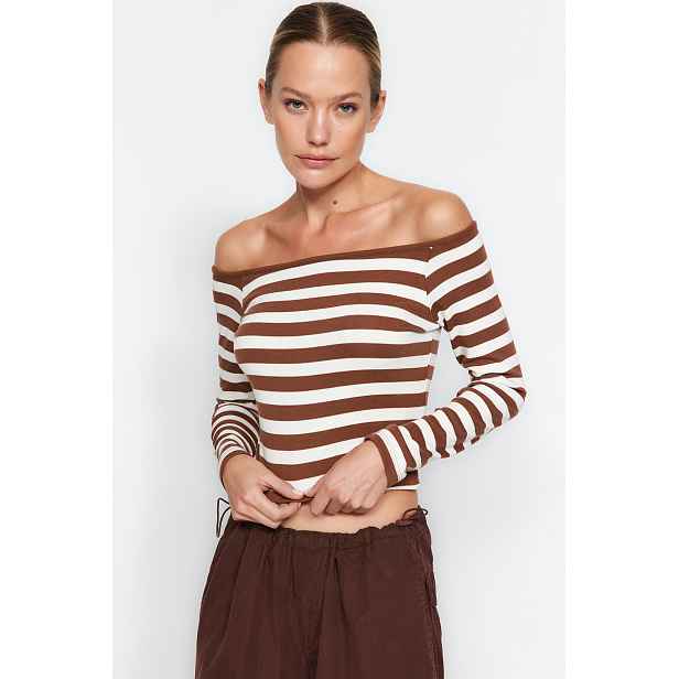 Trendyol With Soft Fabric Striped Carmen Collar Fitted/Slippery Knitted Blouse