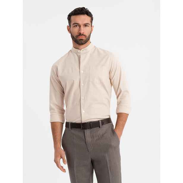 Ombre Men's linen shirt with collar and pocket REGULAR FIT - cream