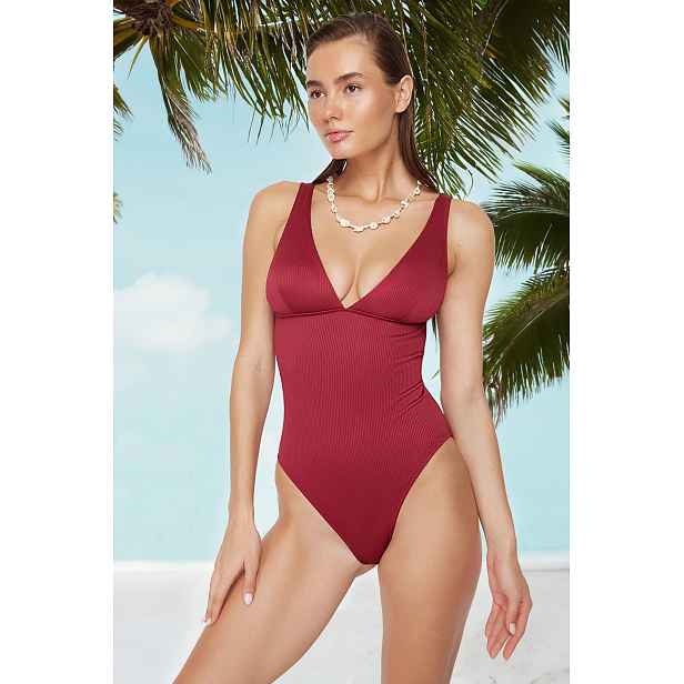 Trendyol Claret V-Neck Textured Regular Swimsuit