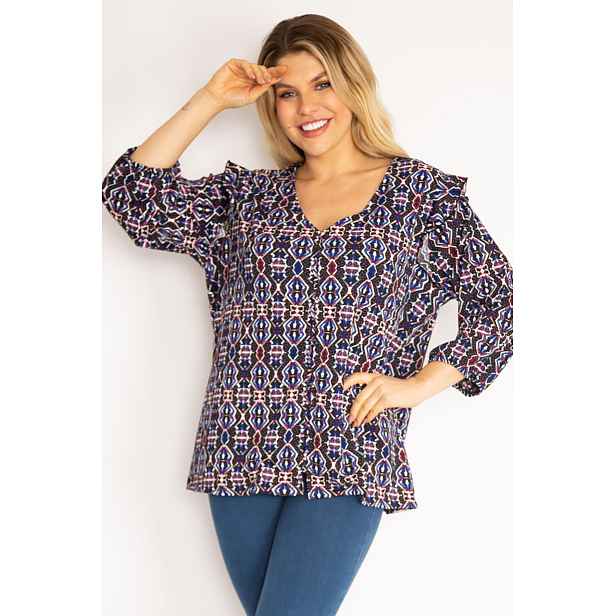 Şans Women's Plus Size Colorful One Piece Button Down Shoulder Frilly Tunic