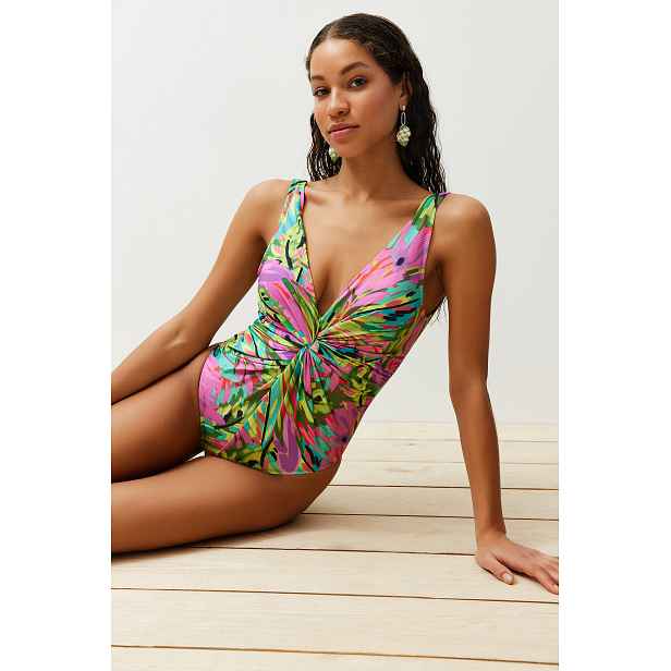 Trendyol Tropical Patterned Deep V Neck Knotted High Leg Regular Swimsuit