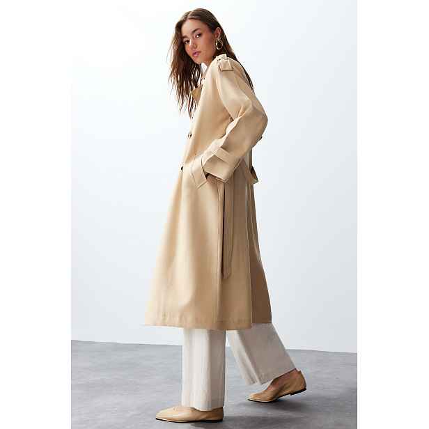 Trendyol Oversize Wide Fit Soft Textured Long Trench Coat with Belt