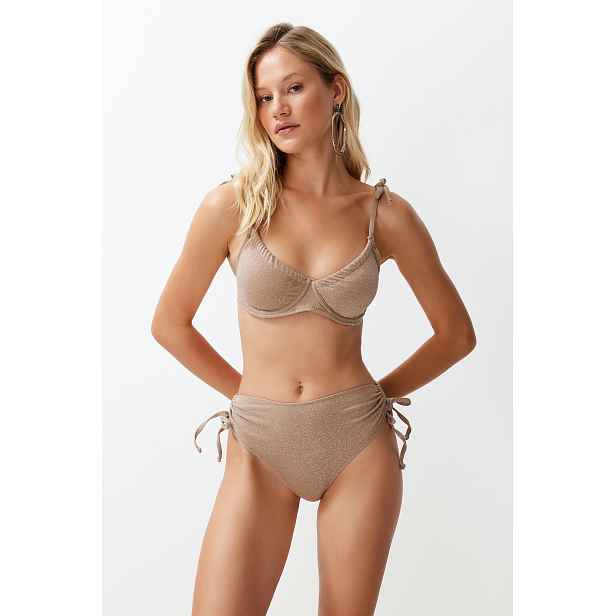 Trendyol Mink Balconette Tie-Up Silvery High Waist Hipster Bikini Set