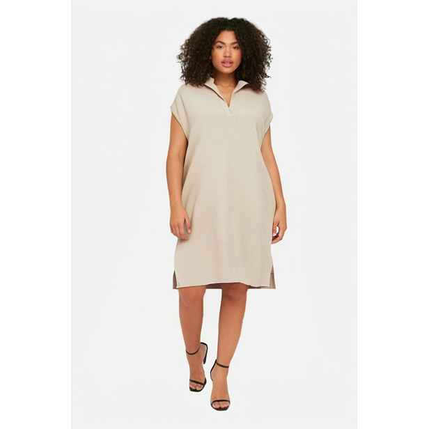 Trendyol Curve Cream Shirt Collar Slit Woven Plus Size Dress