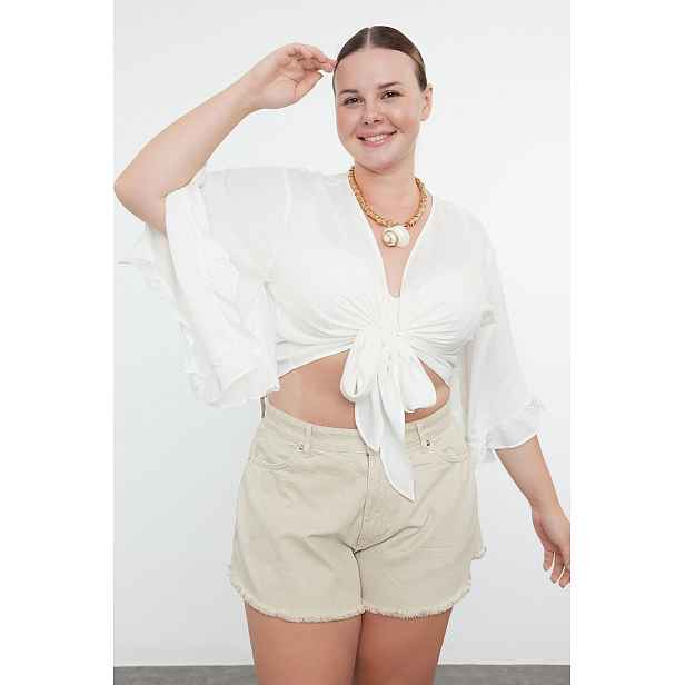 Trendyol Curve Ecru Crop Sleeve Ruffle Flounce Double Breasted Neck Beach Wear Blouse