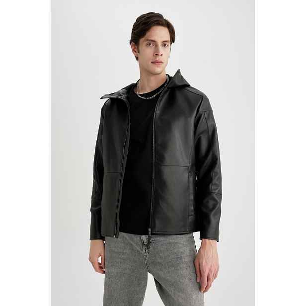 DEFACTO Slim Fit Faux Leather Jacket Coat Slim Cut Hooded Zippered Pocket Seasonal