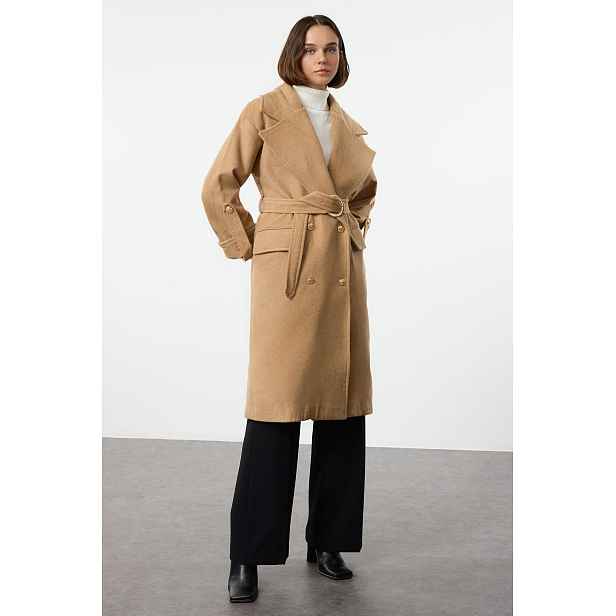 Trendyol Camel Belted Foldable Sleeves Regular Wool Trench Coat