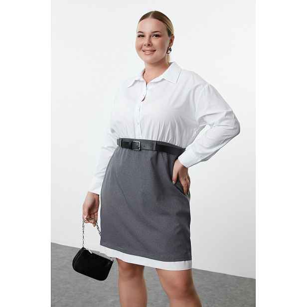 Trendyol Curve Anthracite- Belted Shirt-Skirt Plus Size Woven Dress