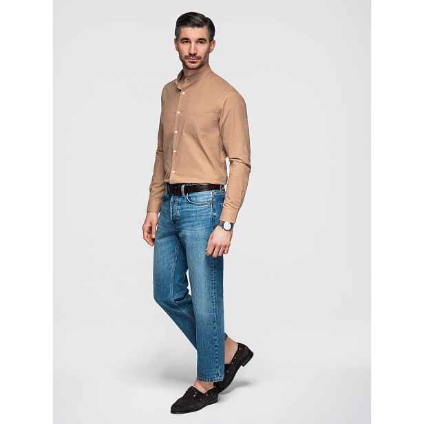 Ombre Men's linen shirt with stand-up collar and pocket REGULAR FIT - light