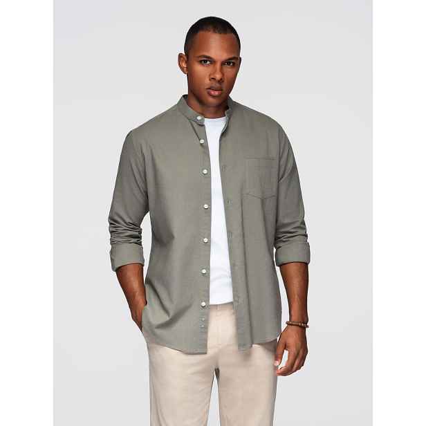 Ombre Men's linen shirt with stand-up collar and pocket REGULAR FIT
