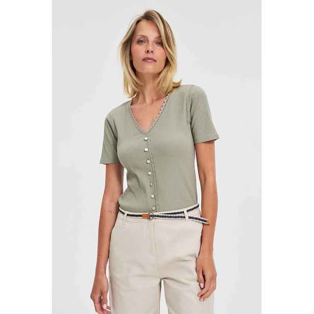 Marisse Olive Blouse With Lace Neckline