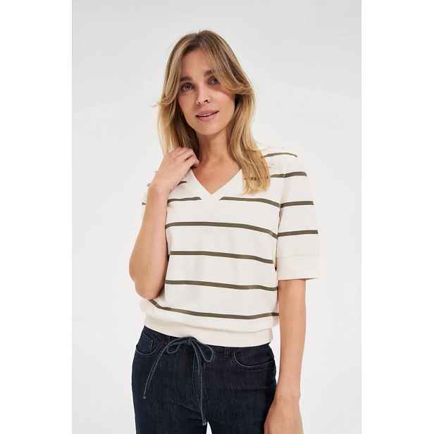 Marisse Striped Sweatshirt With Short Sleeves, Ecru