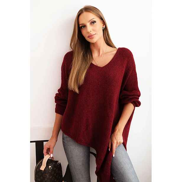 Kesi Włoski Dámský asymetrický svetr z vlny Plus Size s výstřihem do V bordový