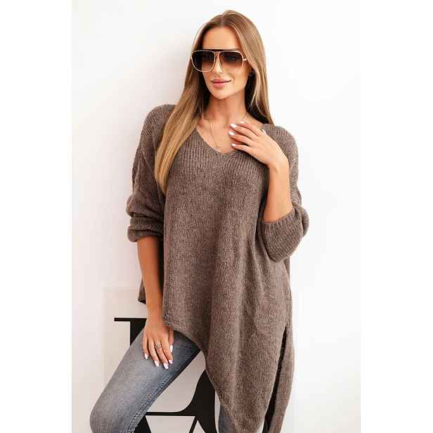 Kesi Włoski Dámský asymetrický vlněný svetr Plus Size s V výstřihem fango