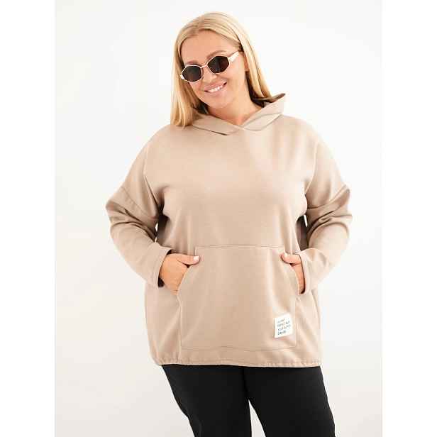 Plus size dámská mikina s kapsou klokánek, camel
