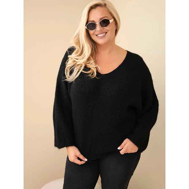 Plus size svetr s výstřihem do V a širokými rukávy